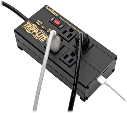 Isobar 4 Outlet Surge Protector Power Strip with 2 USB Charging Ports, 8Ft Long Cord, Right-Angle Plug, Metal, 3330 Joules, Lifetime Limited Warranty & $50K Insurance (Ibar4Ultrausbb),Black