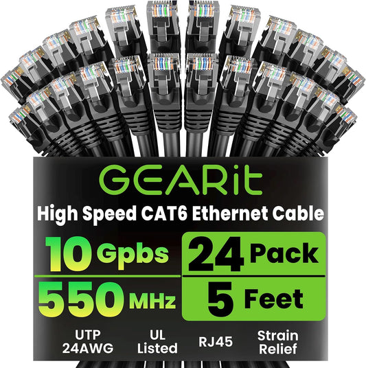 Cat 6 Ethernet Cable 5 Ft (24-Pack) - Cat6 Patch Cable, Cat 6 Patch Cable, Cat6 Cable, Cat 6 Cable, Cat6 Ethernet Cable, Network Cable, Internet Cable - Black 5 Feet